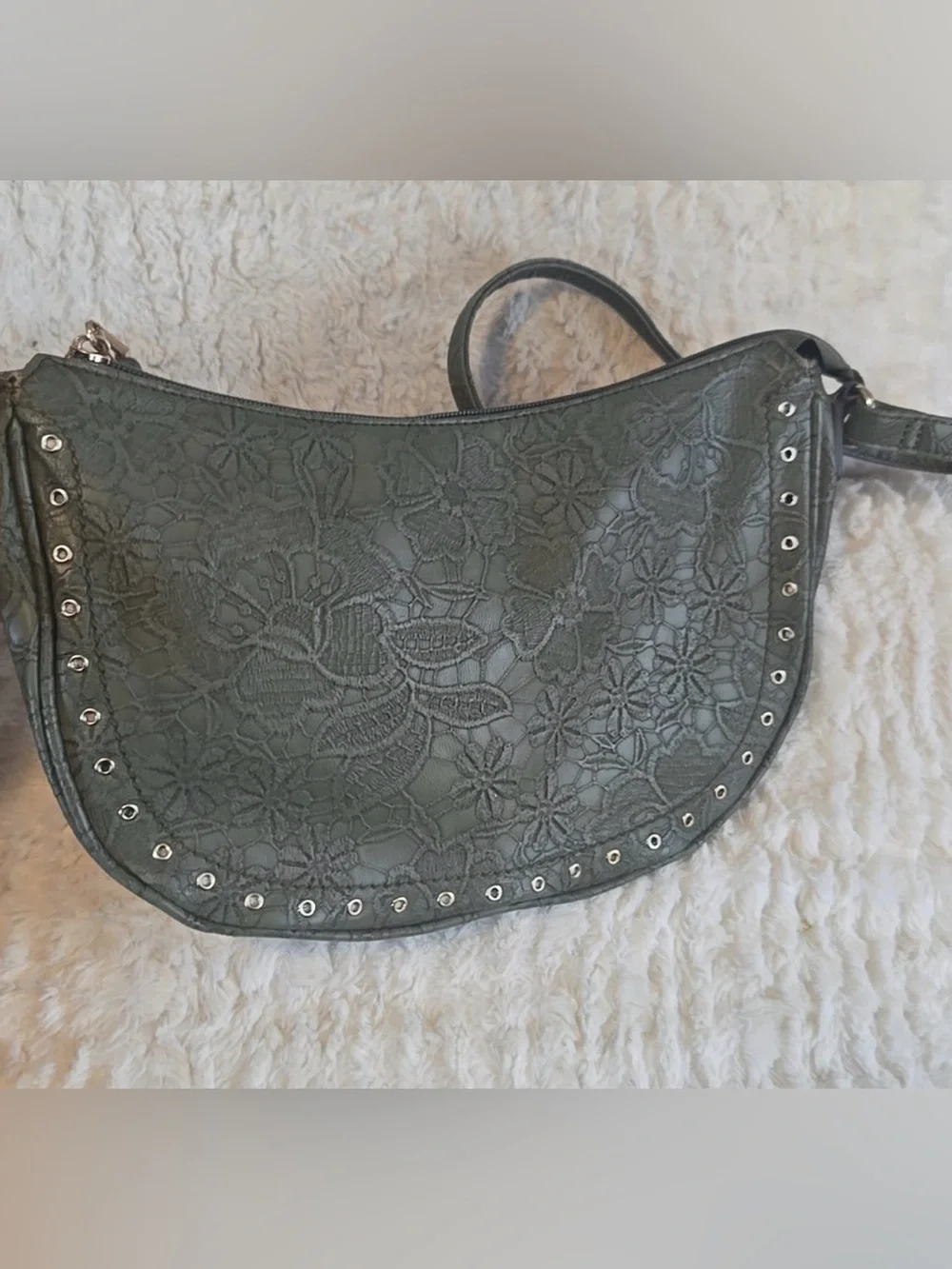 Jessica Simpson Gloria Mid Crossbody Bag in an embossed olive green floral finis